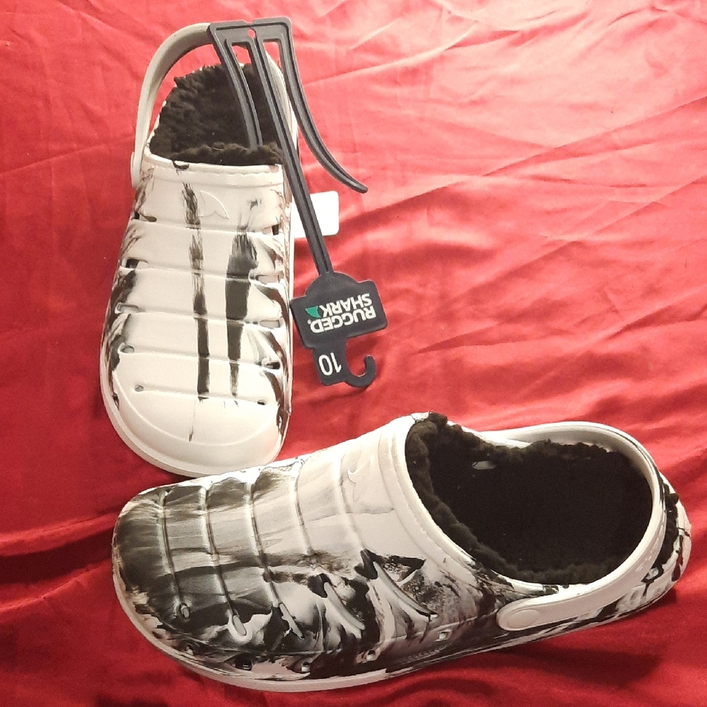 Rugged Shark Fur Lined Black and White Men's Slip-On Loafer Clog Croc Style Shoe